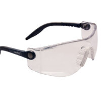 Occhiali di sicurezza senza montatura con stanghette a cricchetto blu scuro.